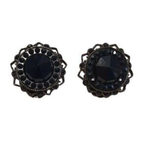 Vintage Robert Rose Black Clip-On Earrings Ornate Design Crystals Mourning Drama